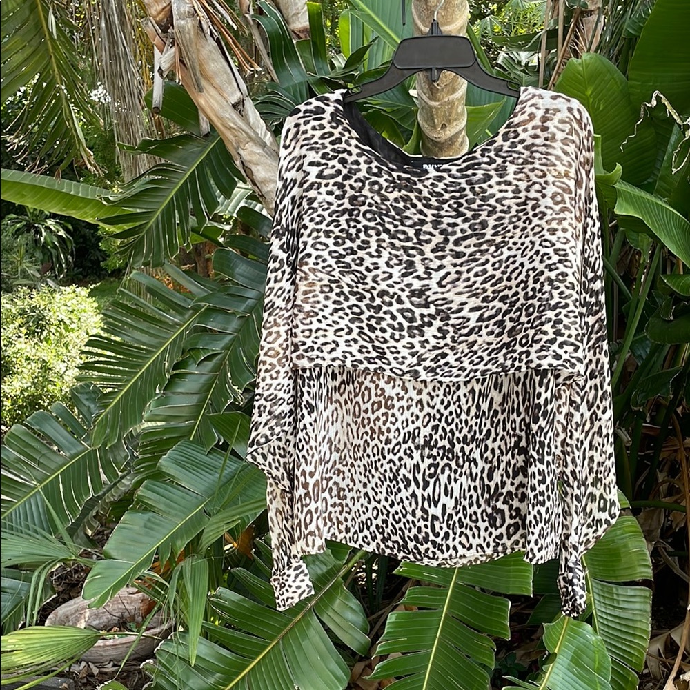 DKNY leopard, print cape style top or blouse with metallic